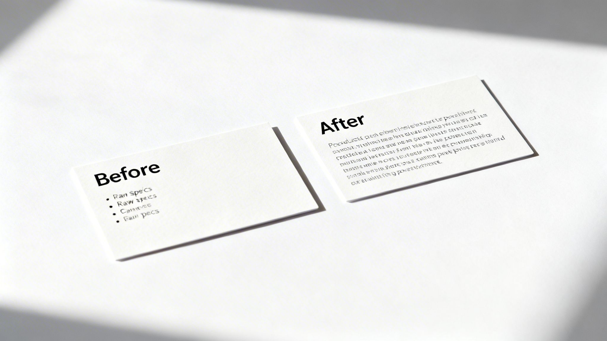 Two white cards, one labeled 'Before' with a list and another 'After' with blurred text.