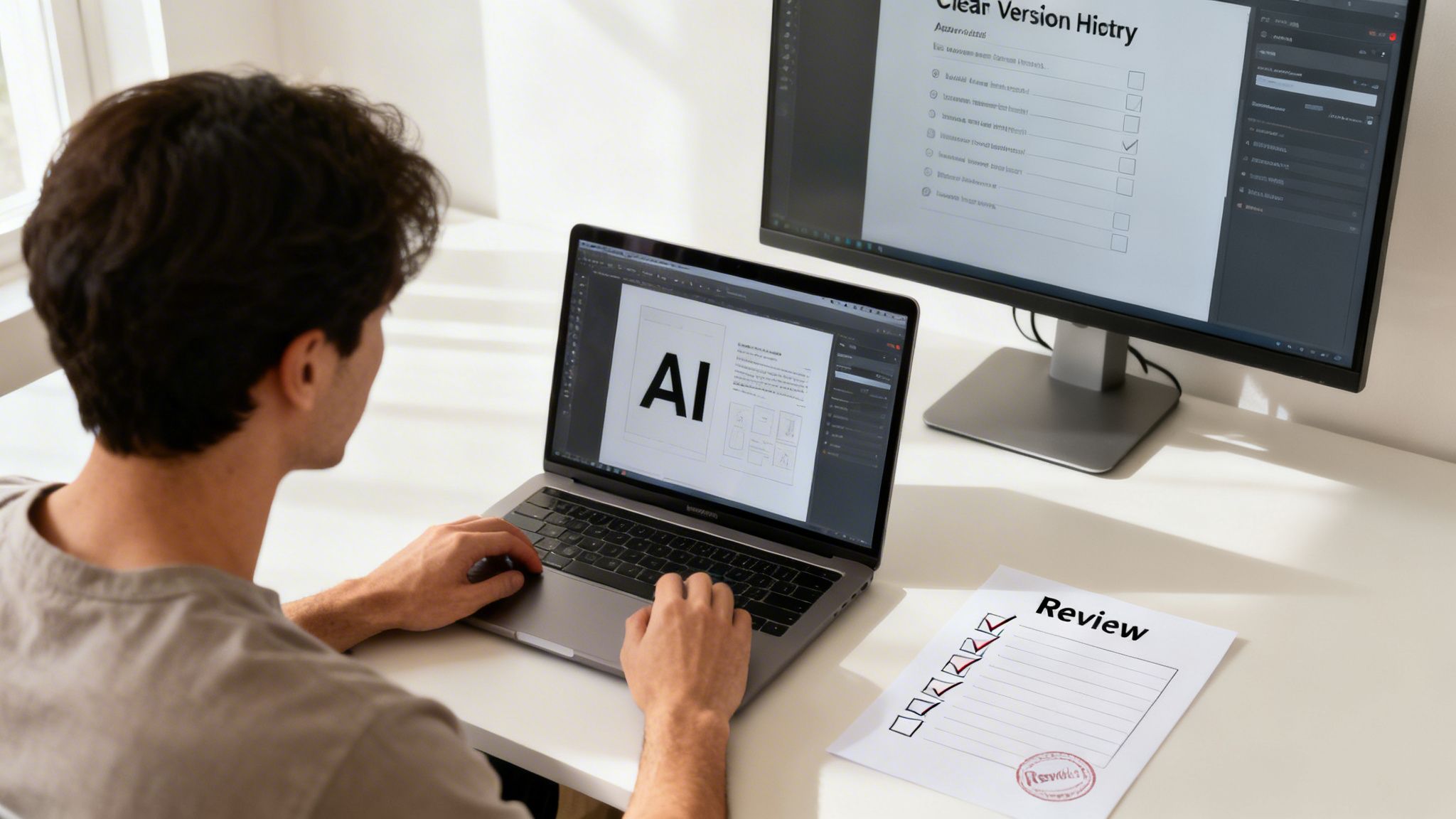 Man working on a laptop and external monitor with AI design software and a review checklist.