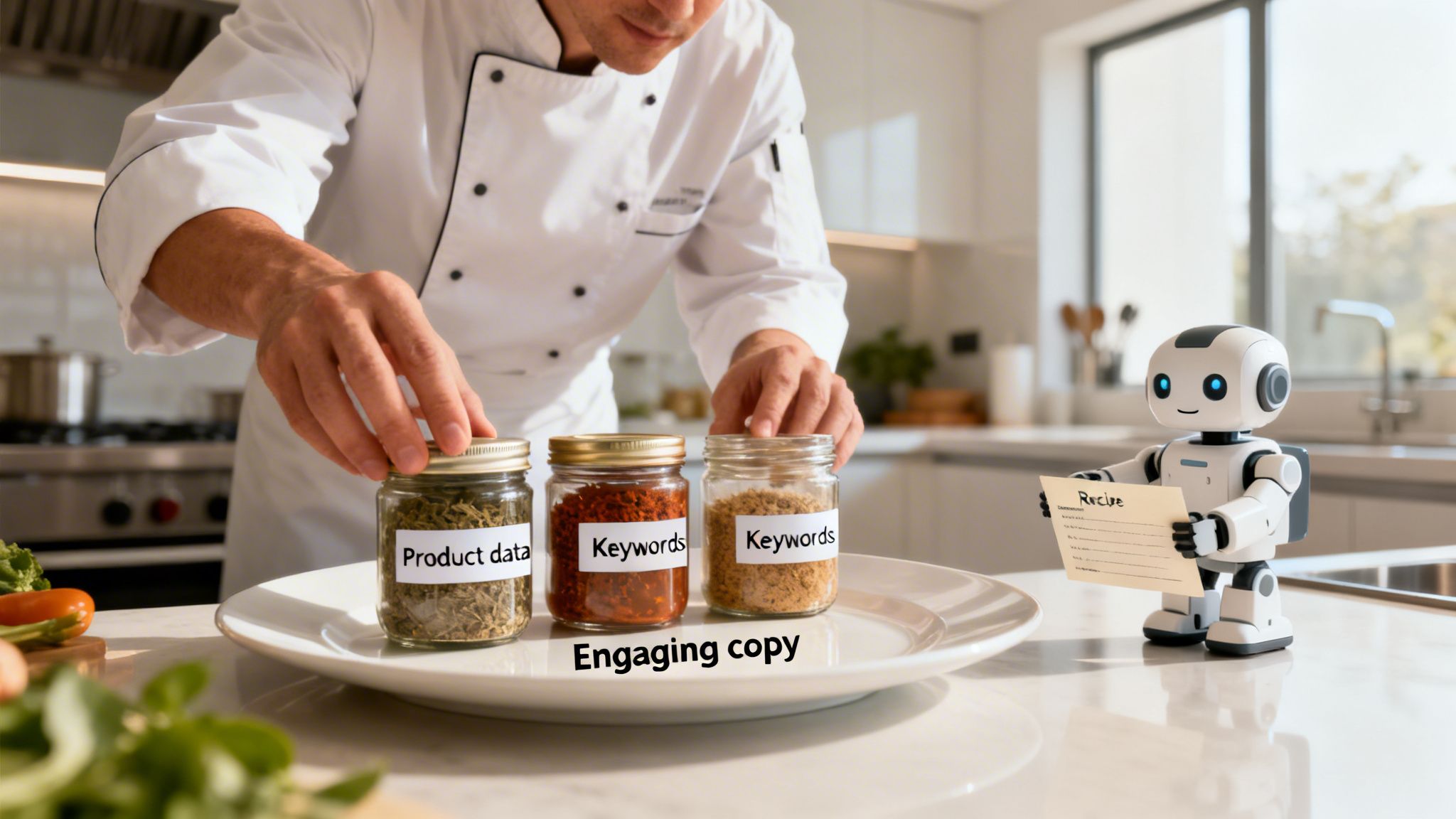 A chef combines "Product data" and "Keywords" on a plate for "Engaging copy," supervised by an AI robot with a "Recipe."