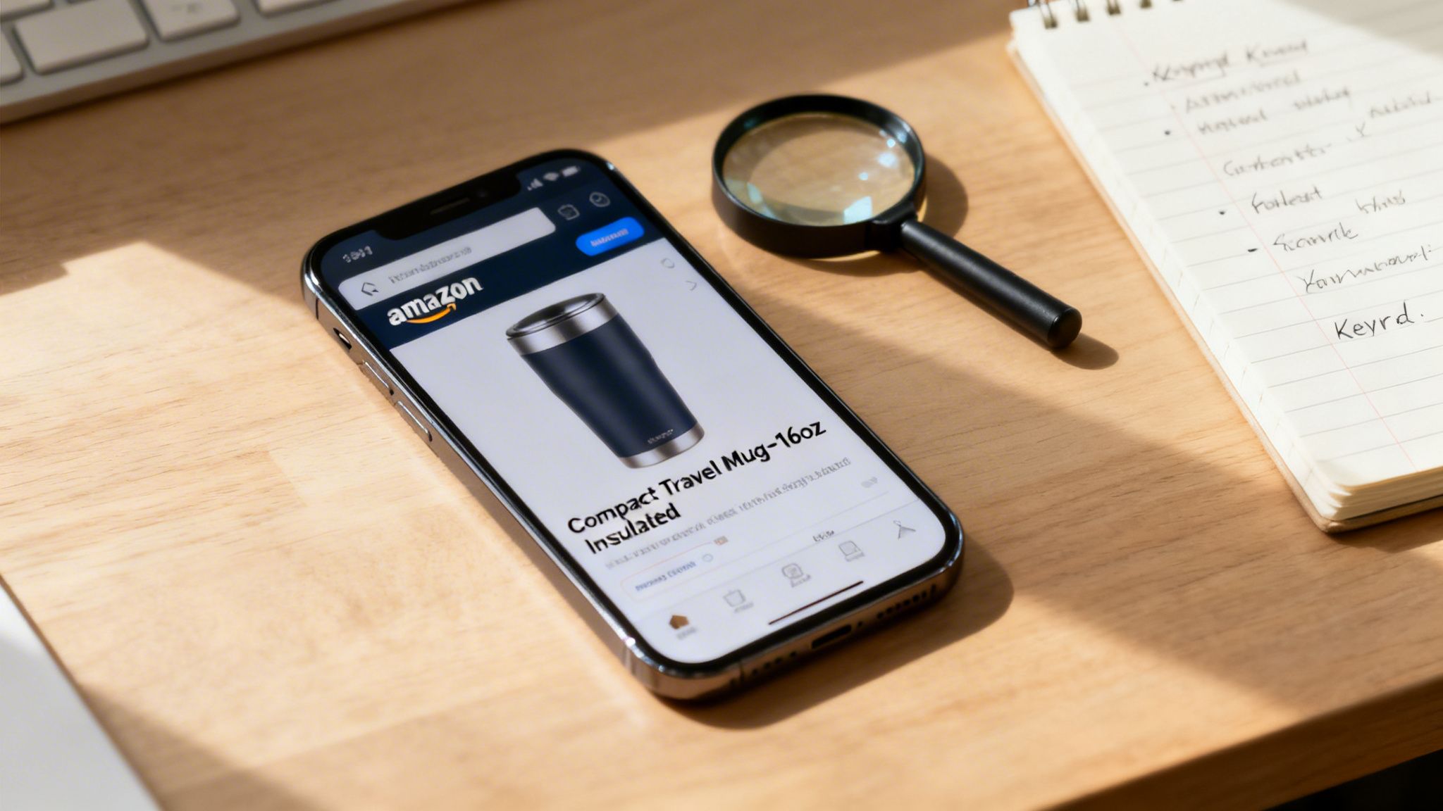 An iPhone displays an Amazon product listing for an insulated travel mug, next to a magnifying glass and a notepad on a wooden desk.