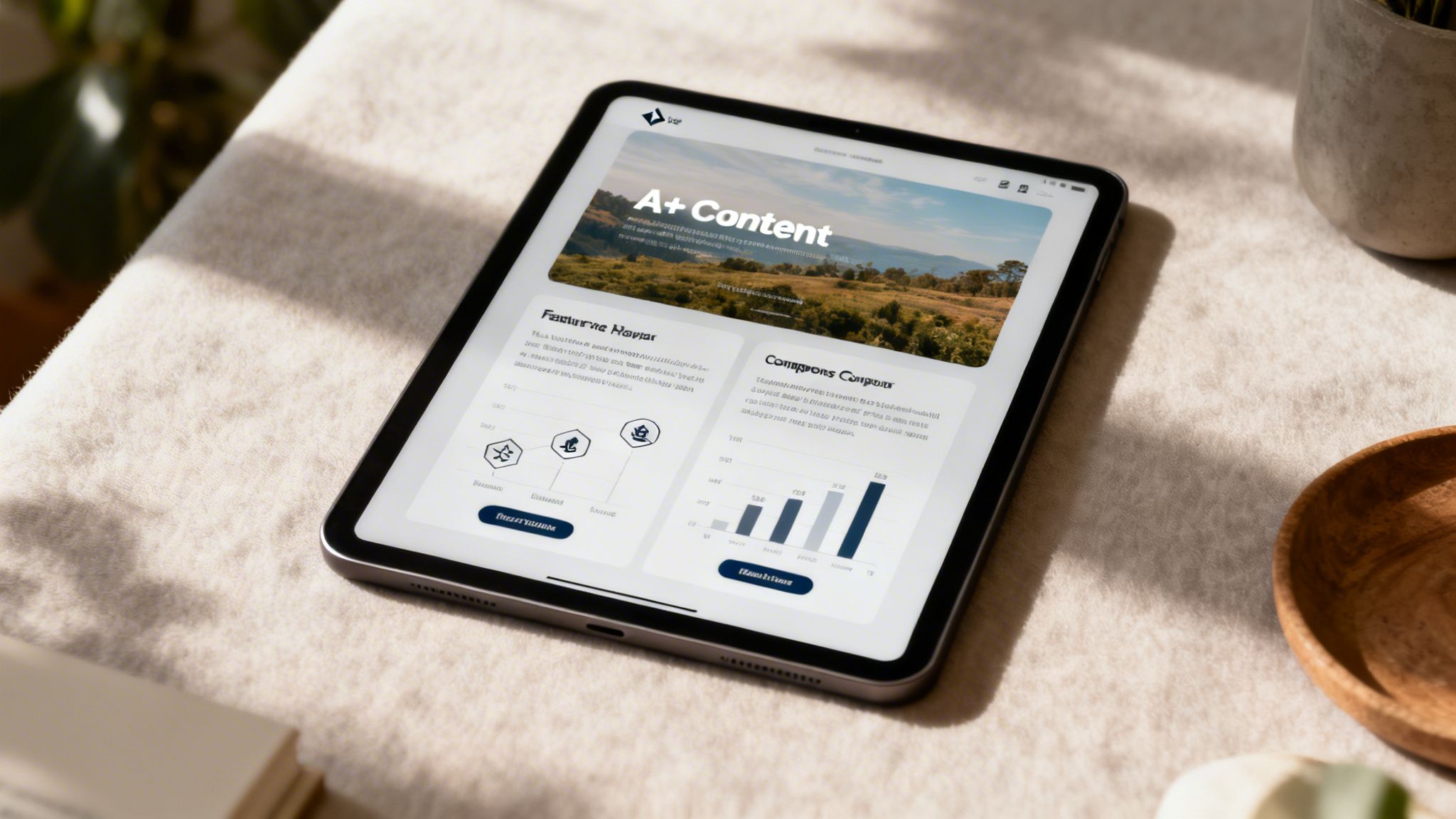A tablet displays an 'A+ Content' page with product listing optimization data, charts, and graphs on a cloth.