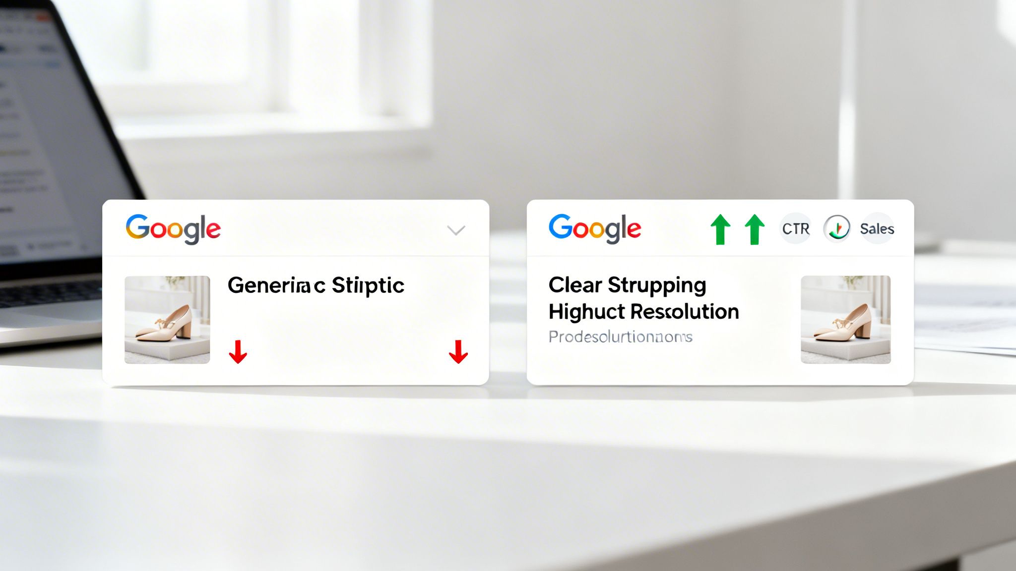 Two Google Shopping feed cards compare generic versus optimized product listings for a beige shoe, illustrating performance differences.