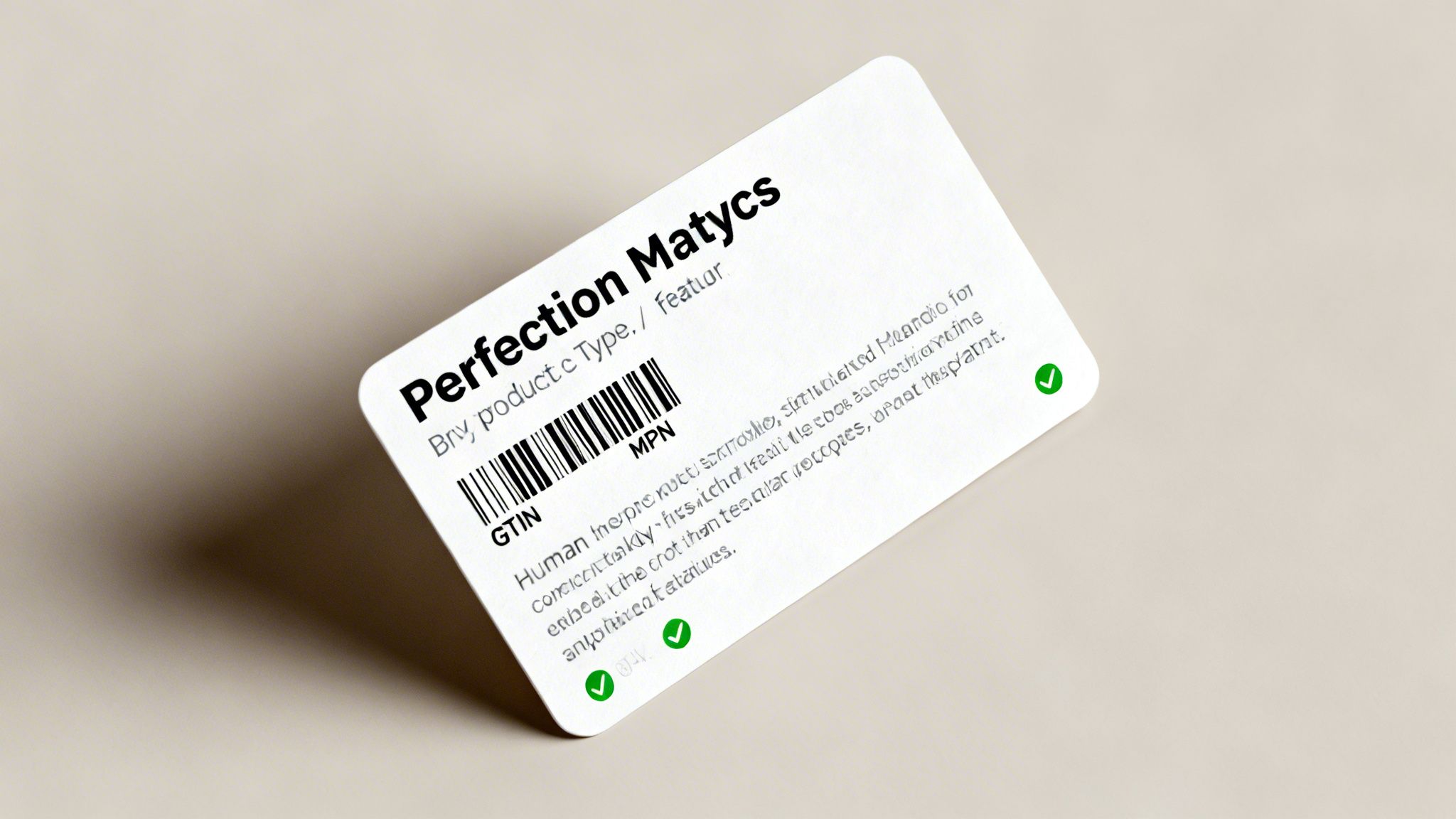 A white product information card titled 'Perfection Matycs' with a barcode, description, and green checkmarks.