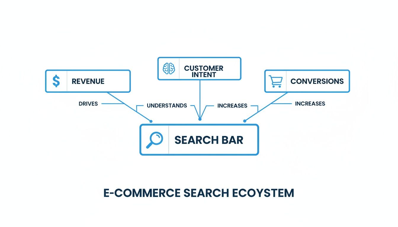 An e-commerce search ecosystem diagram illustrating how a search bar drives revenue, understands customer intent, and increases conversions.
