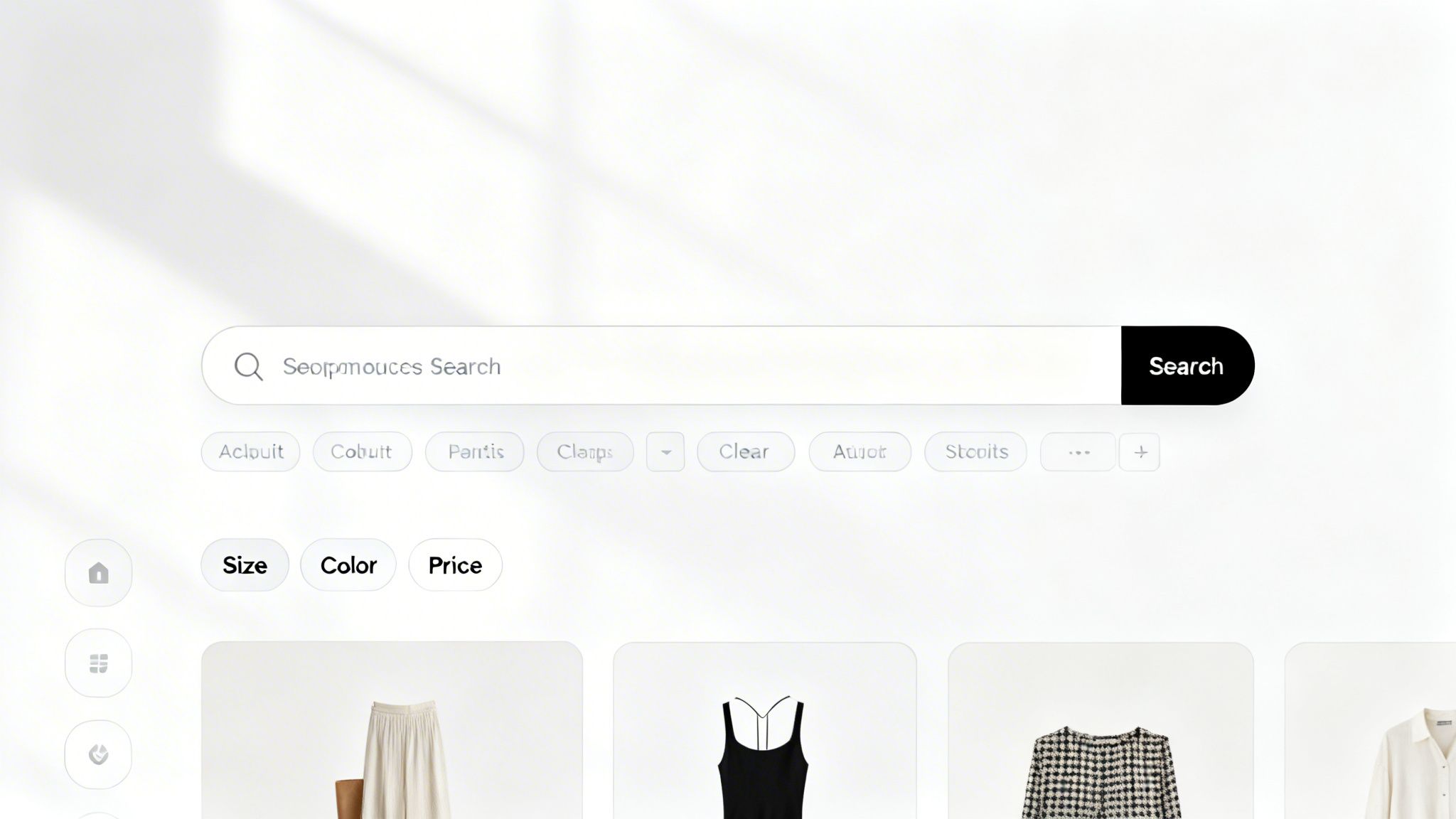 Clean e-commerce website interface showing a search bar, filter options, and product listings.