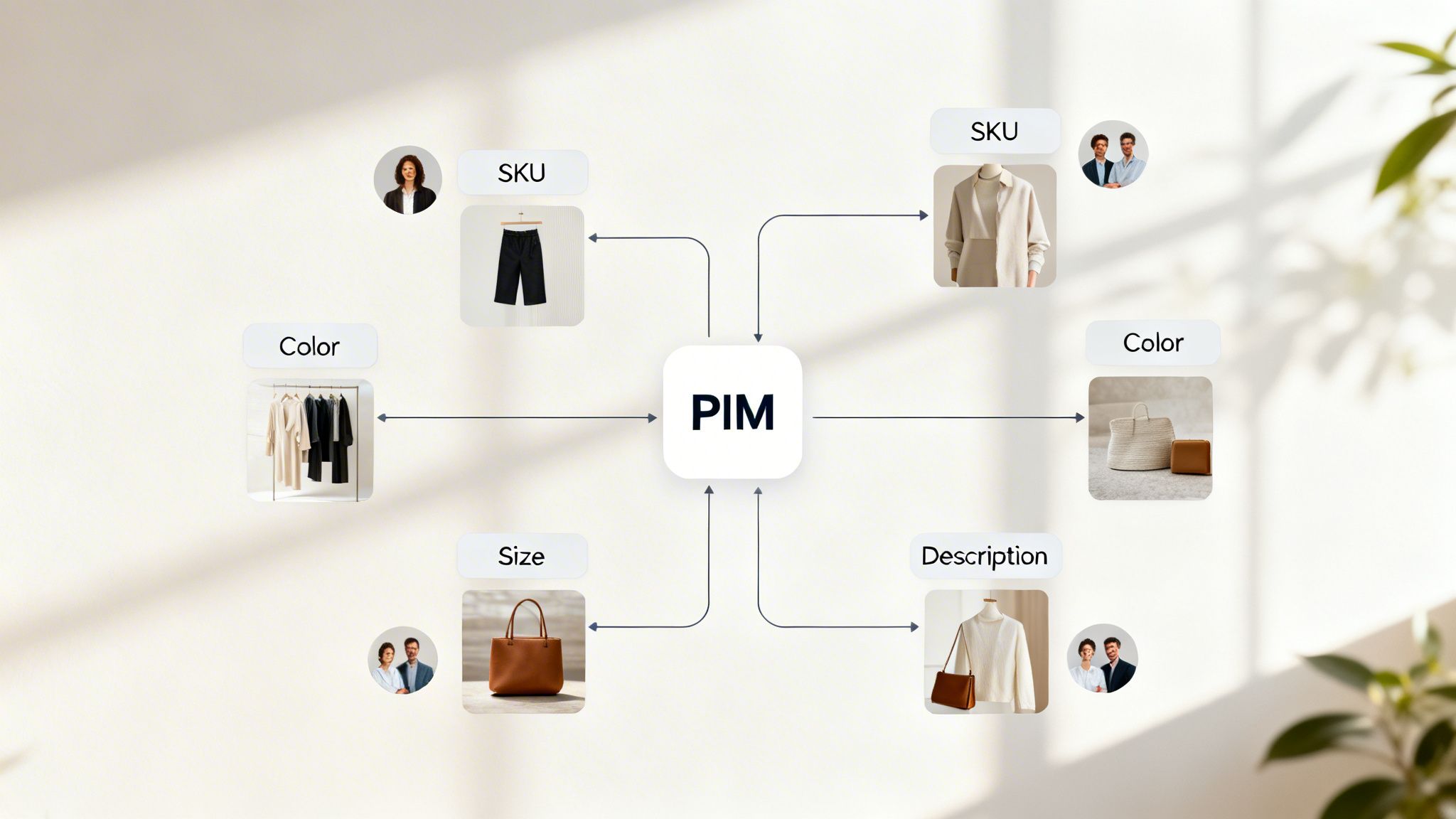 Product Information Management (PIM) system diagram showing connections to product attributes like SKU, color, size, and description.