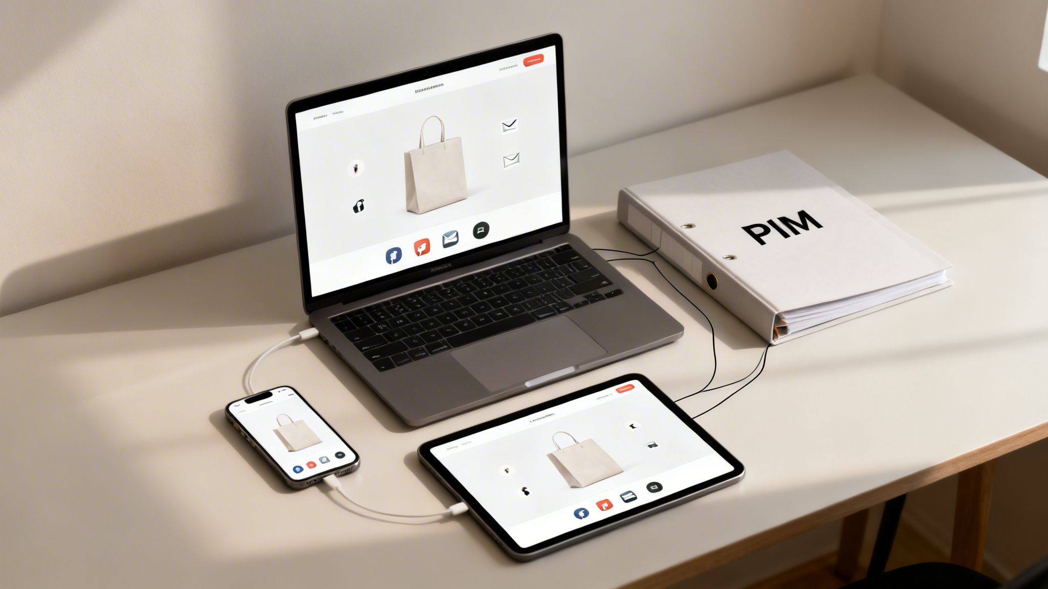 A laptop, tablet, and smartphone display a shopping bag, connected to a PIM binder.