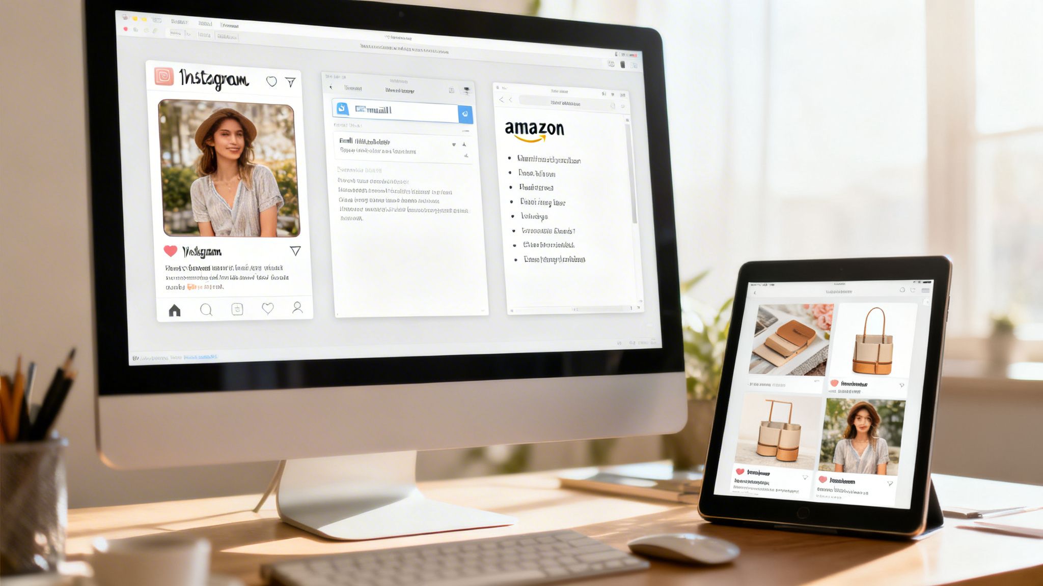 A close-up of a desktop monitor showing Instagram and Amazon websites, next to a tablet displaying a shopping app.