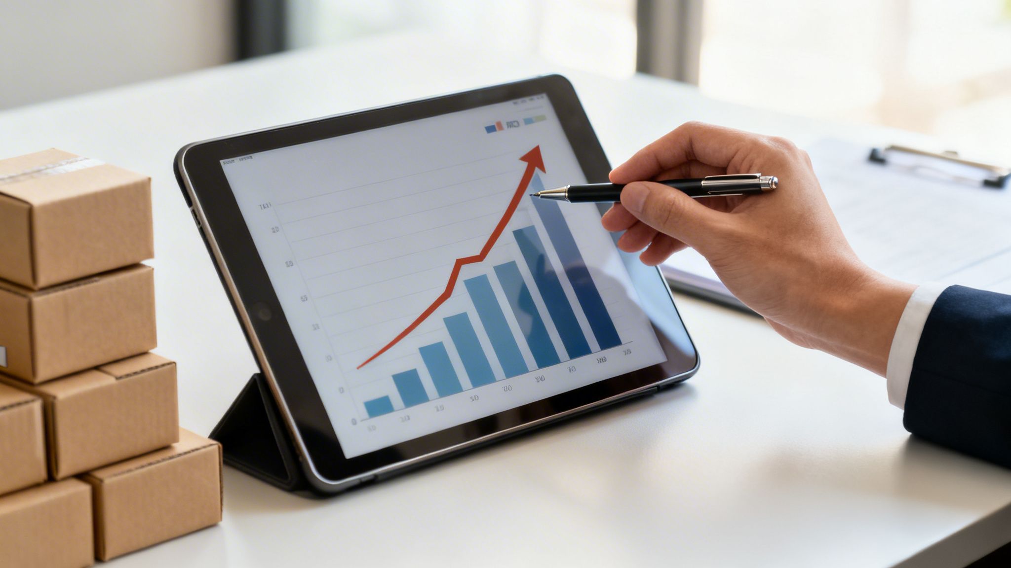 A hand points at a tablet displaying a rising bar graph with a red trend line, next to stacked delivery boxes.