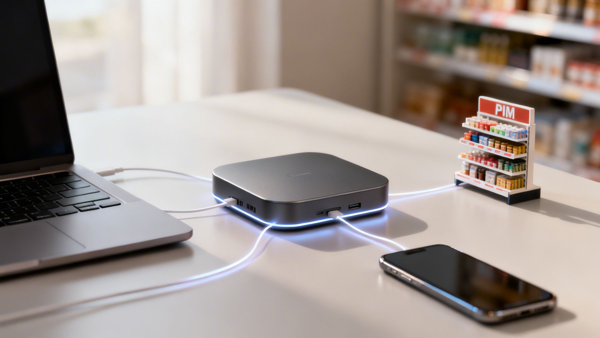 A central tech hub connects a laptop, smartphone, and miniature PIM display, symbolizing omnichannel retail.