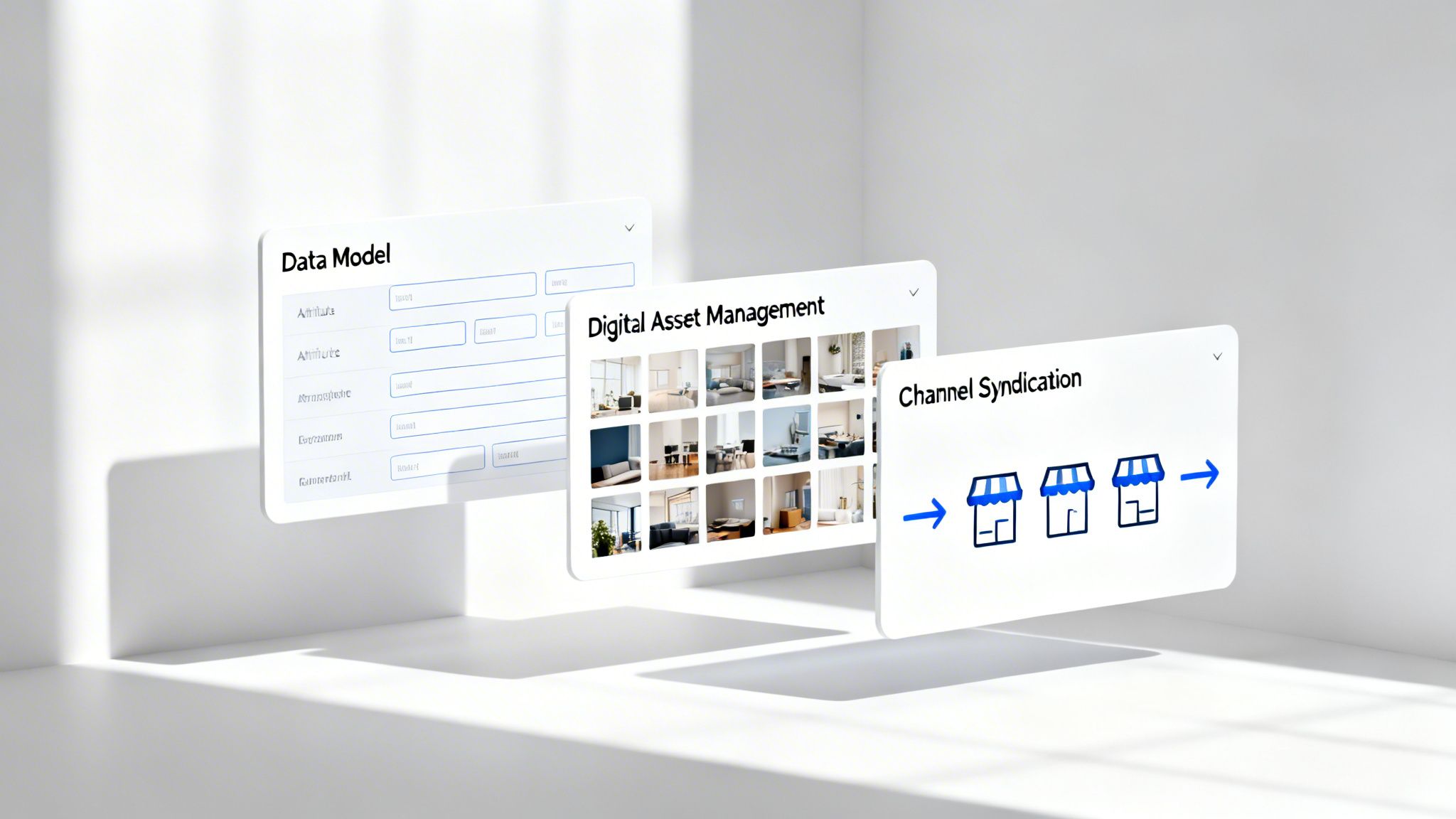 Three floating digital interface cards for data model, digital asset management, and channel syndication.