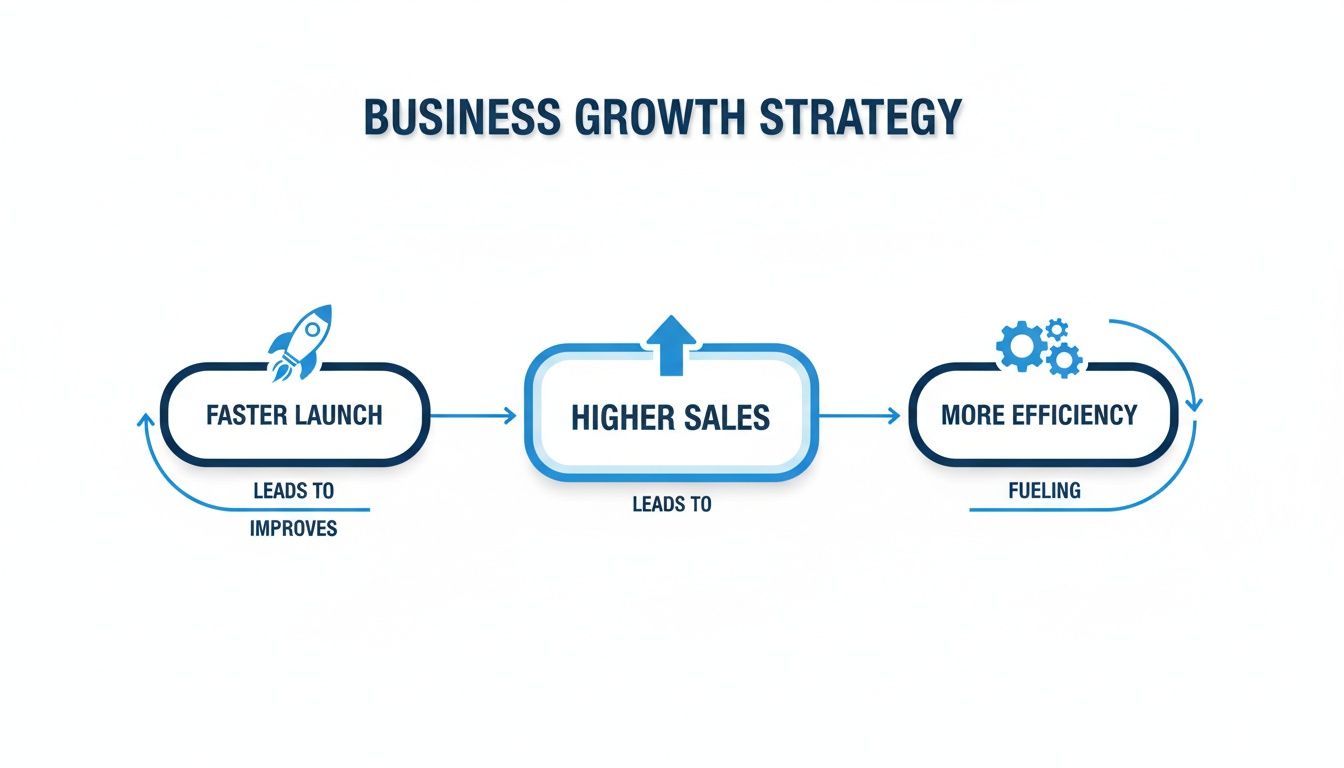 An infographic showing a business growth strategy: Faster Launch leads to Higher Sales, which leads to More Efficiency.