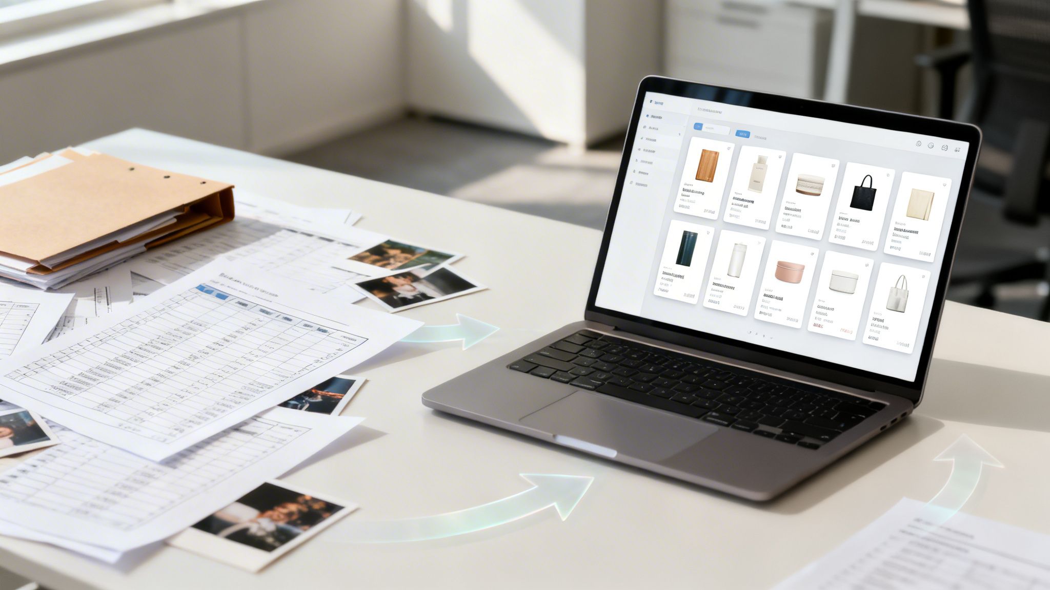 Laptop on a desk displaying a digital product management system, surrounded by documents and workflow arrows.