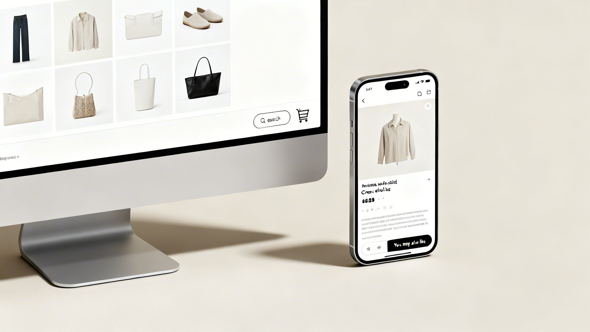 Desktop computer and smartphone displaying an e-commerce fashion store with clothing and accessories.