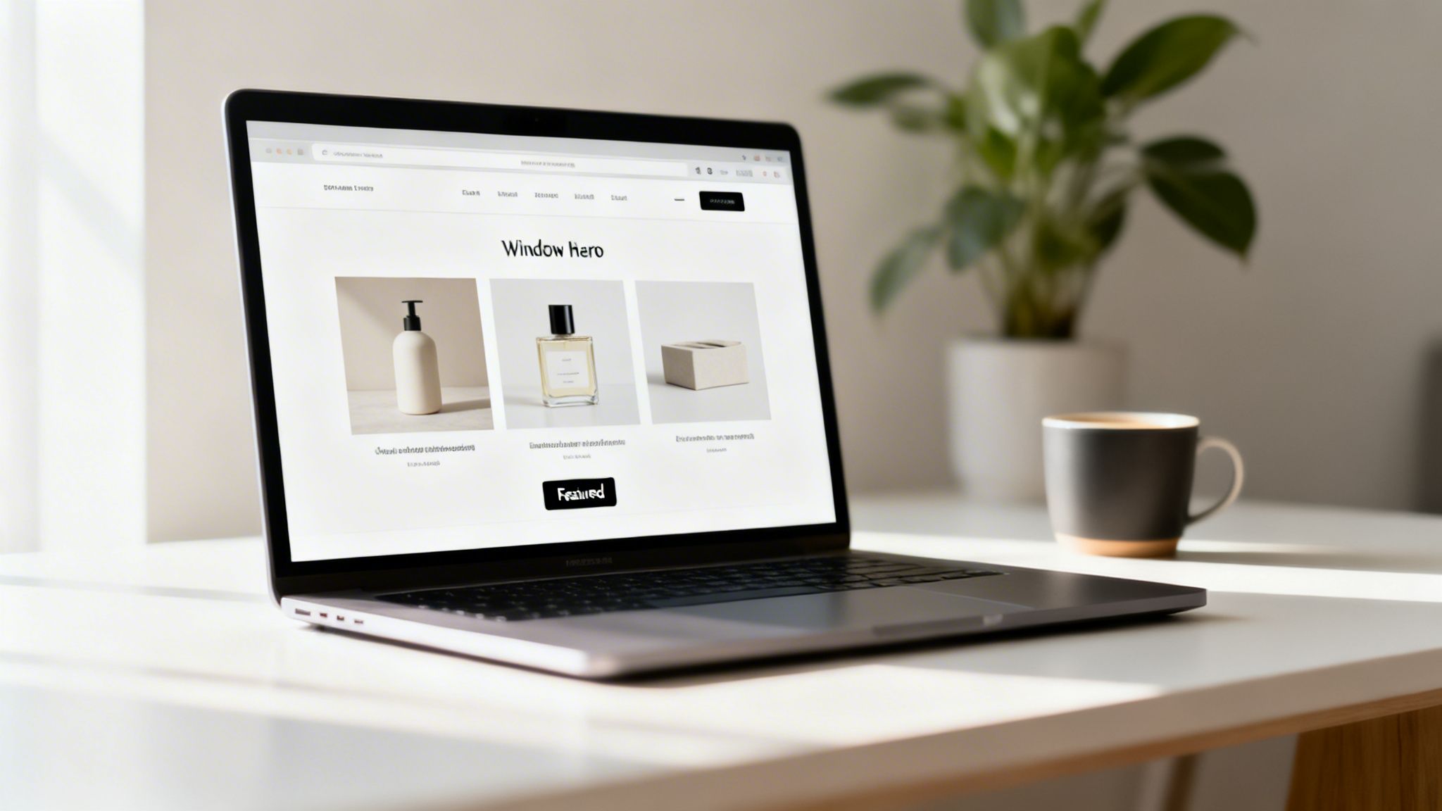 A laptop displays an e-commerce website with product images of a lotion bottle, perfume, and a box on a desk.
