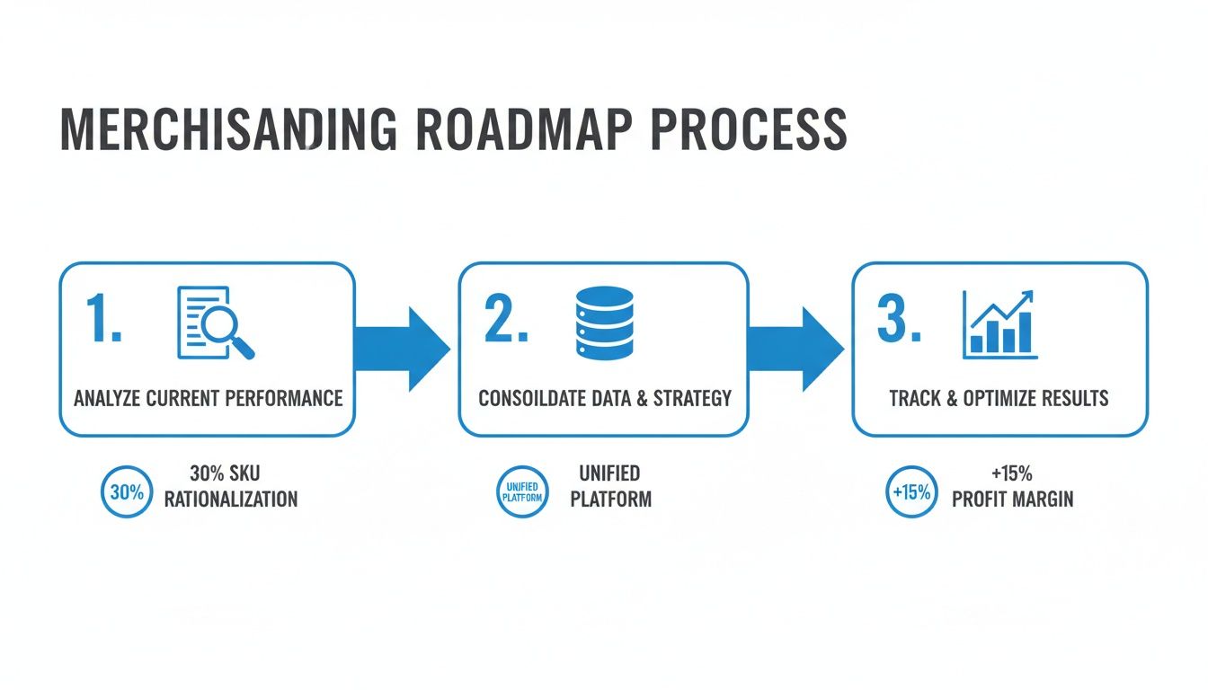 Infographic illustrating a 3-step merchandising roadmap process with outcomes for optimization.