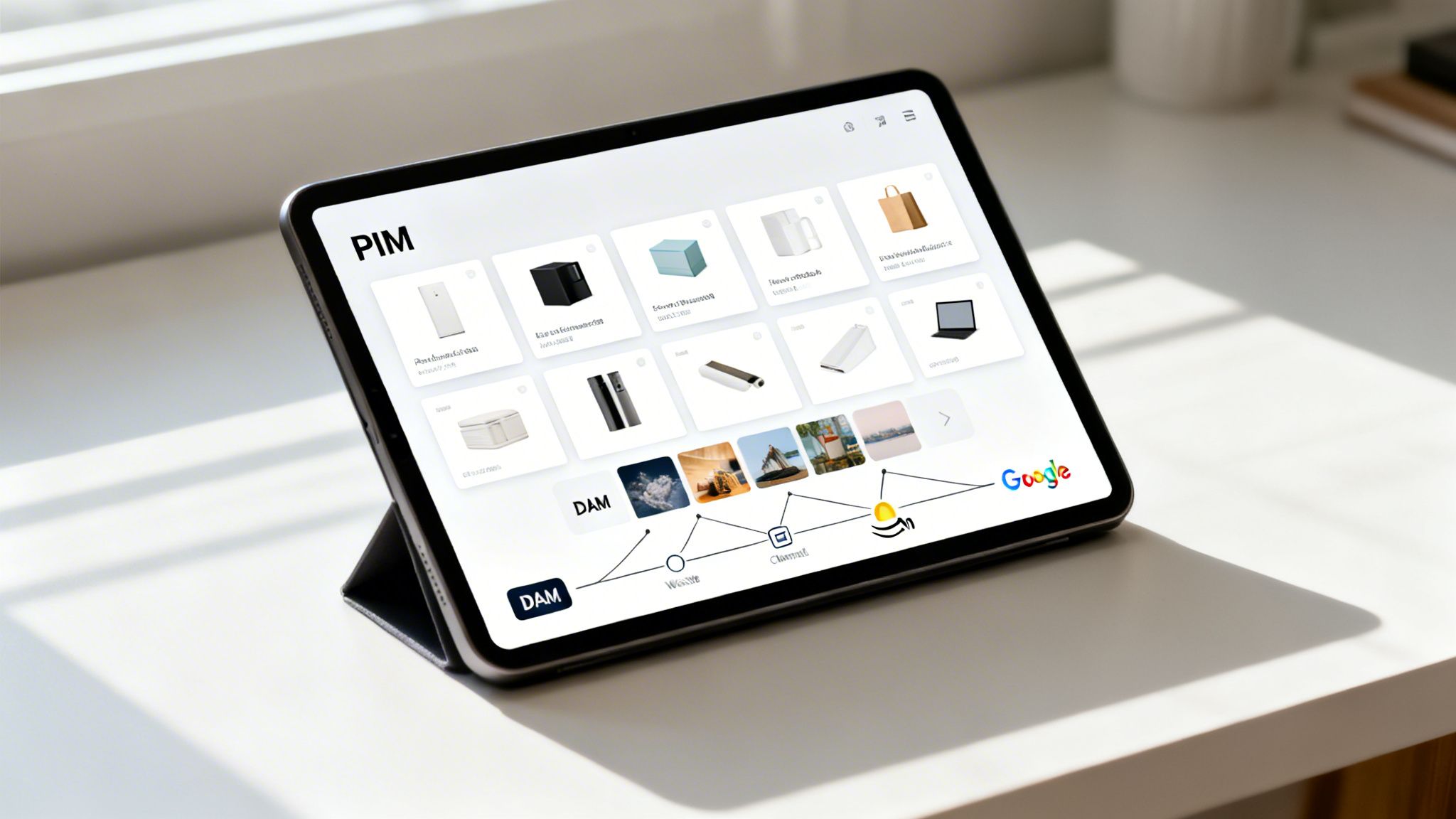 A tablet displaying a PIM and DAM interface with product images and a content flow diagram leading to Google.