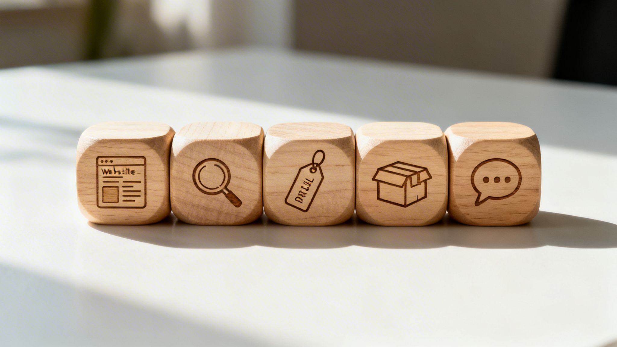Wooden blocks display e-commerce icons: website, search, deal, delivery, and customer chat, representing a customer journey.