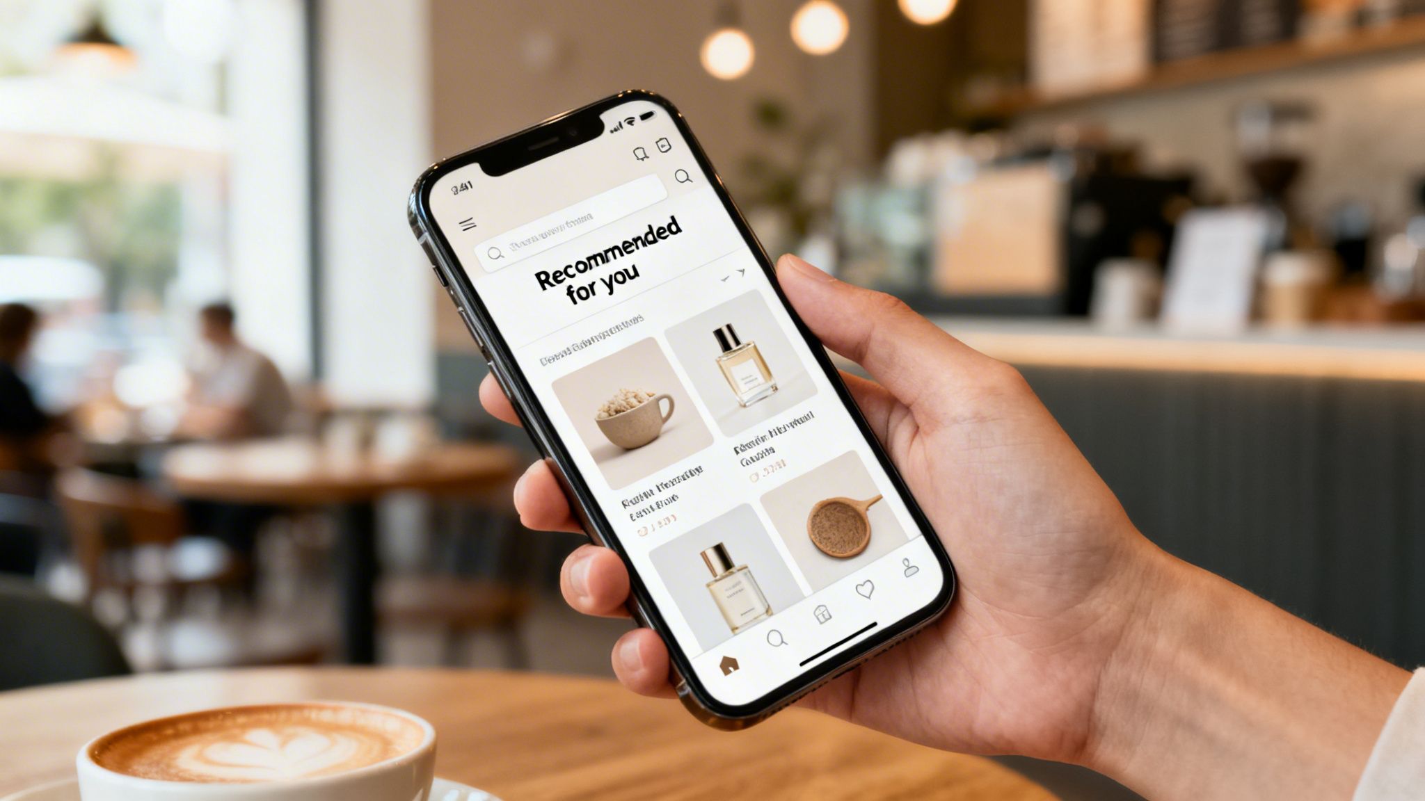A person's hand holds a smartphone displaying an e-commerce 'Recommended for you' page in a coffee shop.