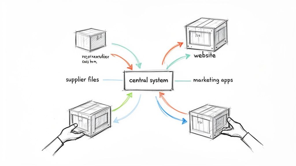 A hand-drawn diagram showing data flow between a central system and various external entities.