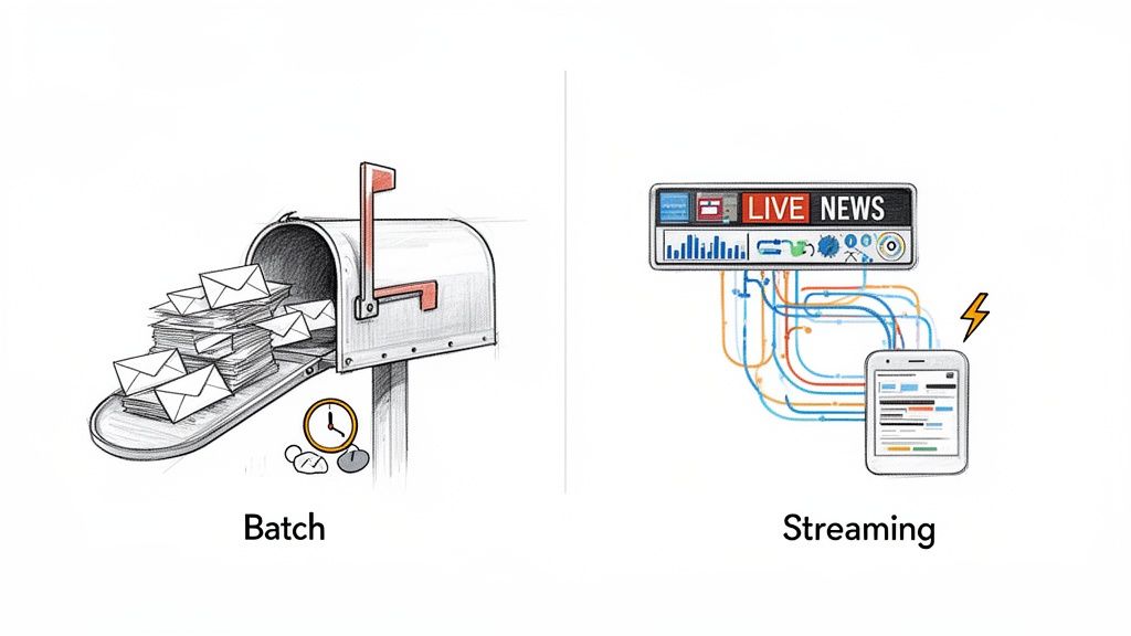 An illustration comparing batch data processing (mailbox with letters) to real-time streaming data (live news to phone).
