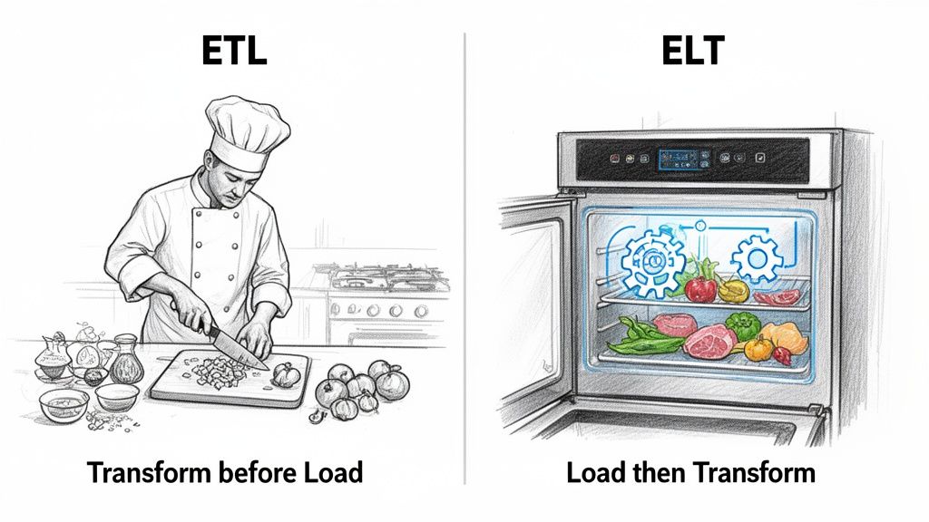 Visual comparison of ETL (chef transforming ingredients before loading) and ELT (raw ingredients transformed in a smart fridge).