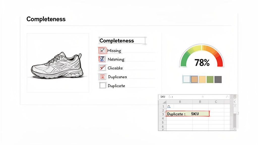 A data completeness dashboard showing a shoe, a 78% completeness gauge, and a checklist of data quality issues like missing and duplicates.