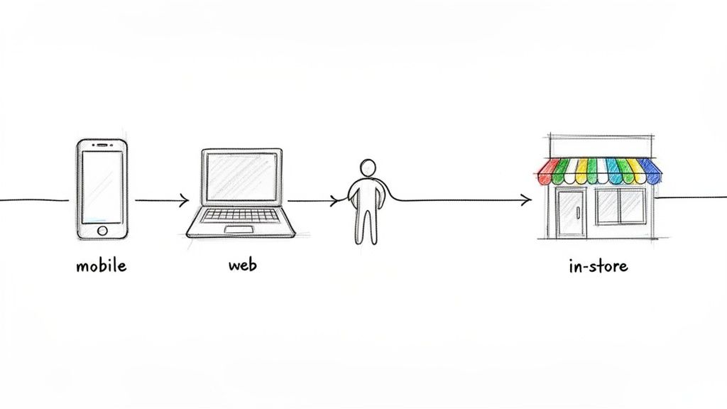 Sketch illustrating a seamless customer experience across mobile, web, and in-store retail channels.