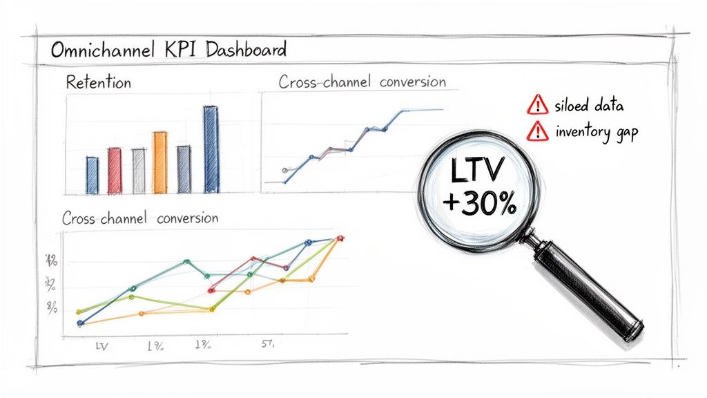 Hand-drawn omnichannel KPI dashboard featuring retention, cross-channel conversion, LTV +30% goal, and identified issues.
