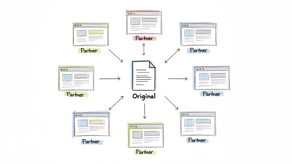 A diagram showing an 'Original' document connected to eight 'Partner' web browsers via arrows, representing content syndication.