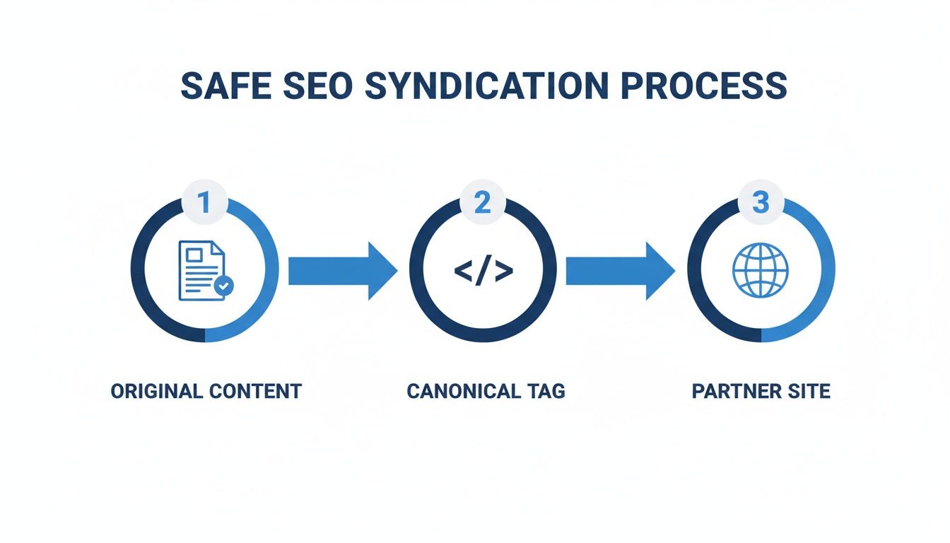Infographic illustrating the safe SEO content syndication process with three key steps.