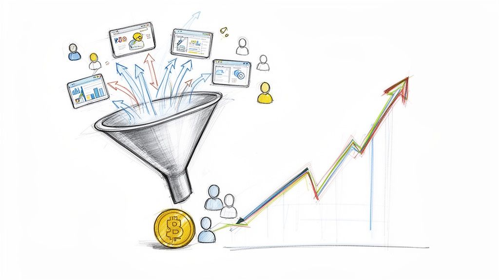 Hand-drawn illustration of content syndication, showing a funnel distributing web content to users, resulting in financial growth.