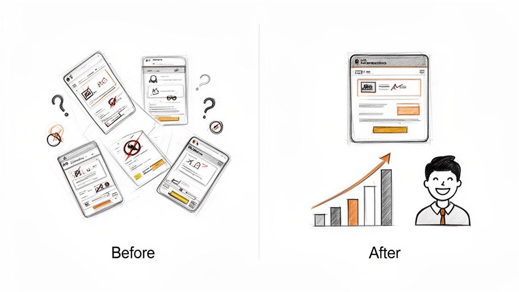 Before chaotic digital forms and confusion, After a streamlined solution, business growth, and a satisfied user.