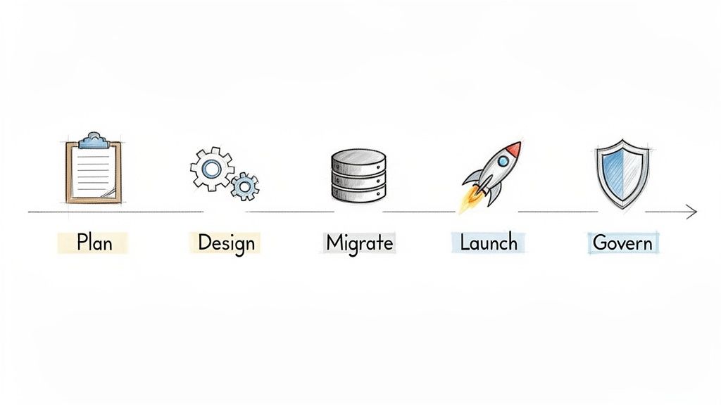 A five-step process diagram illustrating plan, design, migrate, launch, and govern stages.
