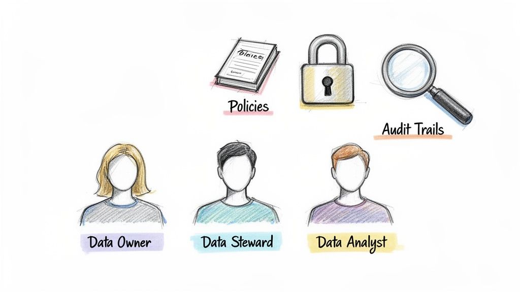 Illustration of data governance roles including data owner, steward, and analyst with policies, security, and audit trails.