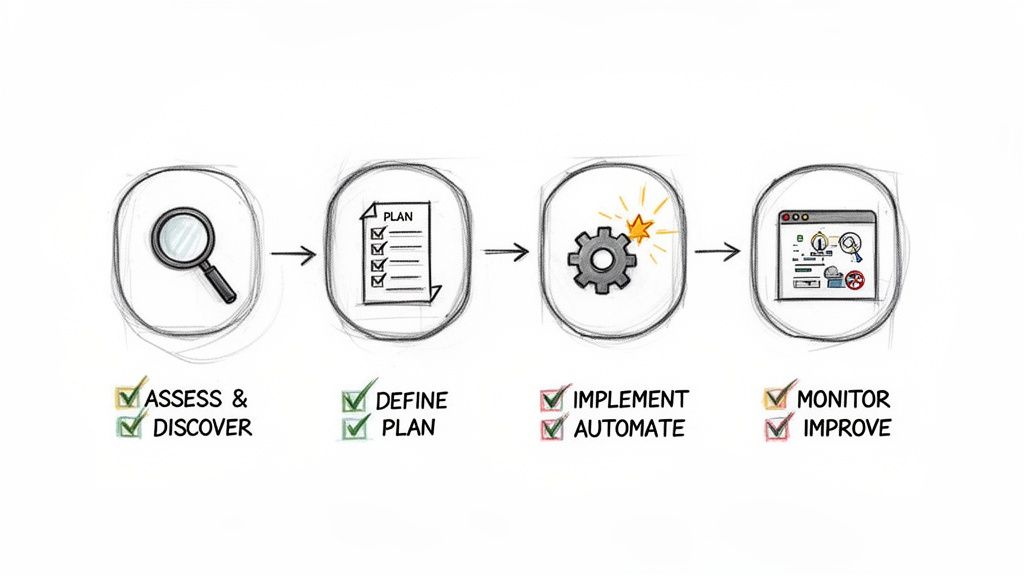A four-step process diagram illustrating assess, define, implement, and monitor stages.