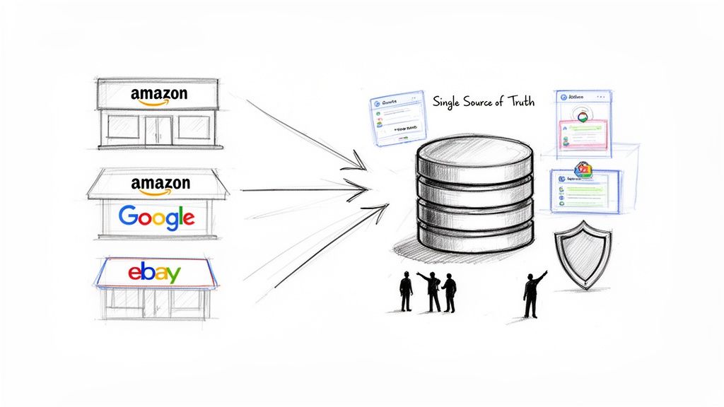 Diagram of Amazon, Google, and eBay data consolidating into a 'single source of truth' database with security shield.