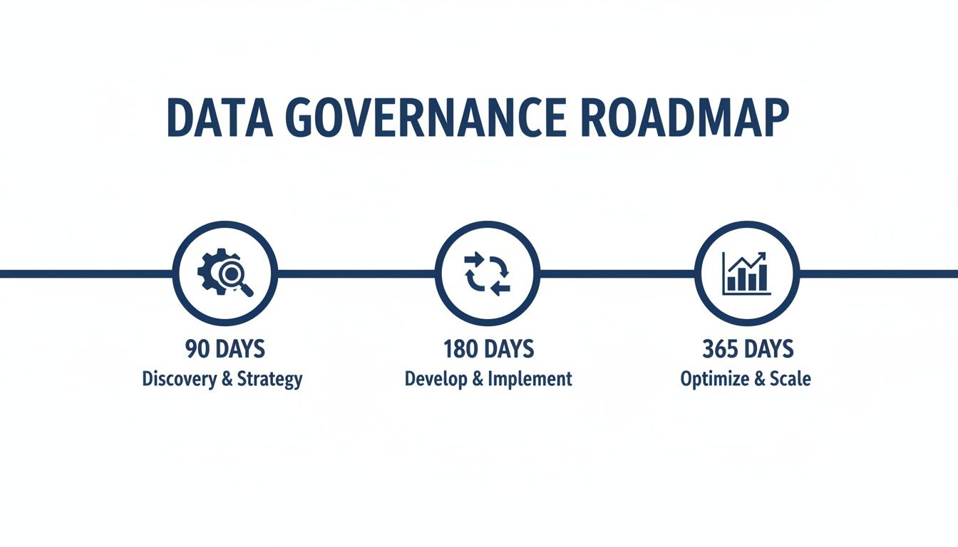 Infographic displaying a data governance roadmap over 365 days, detailing three key phases.