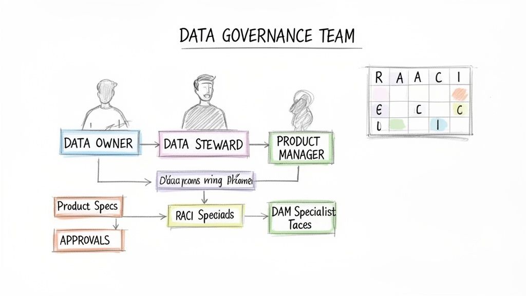 A detailed flowchart illustrating the Data Governance Team structure and processes with roles like Data Owner, Steward, and Product Manager, alongside a RACI matrix.