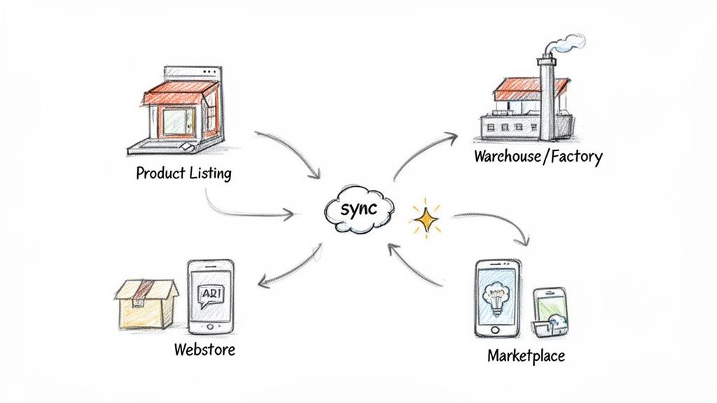 Diagram showing a central 'sync' cloud connecting product listing, warehouse, webstore, and marketplace for e-commerce integration.