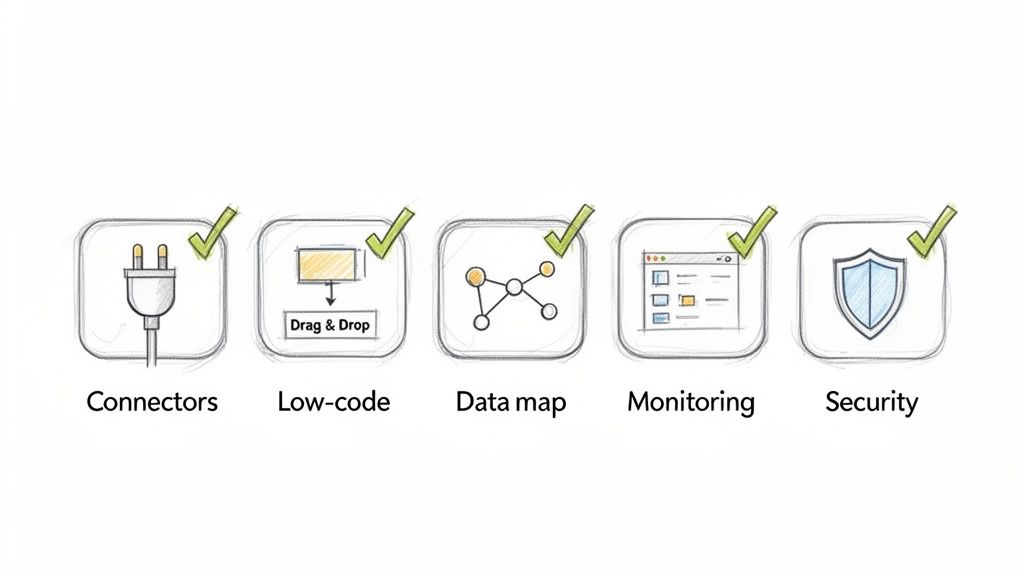 Visual representation of an integration platform's features: connectors, low-code, data map, monitoring, and security.