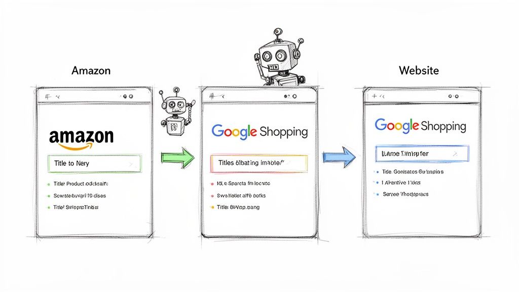 Process diagram showing a robot optimizing product titles and data from Amazon to Google Shopping and a website.