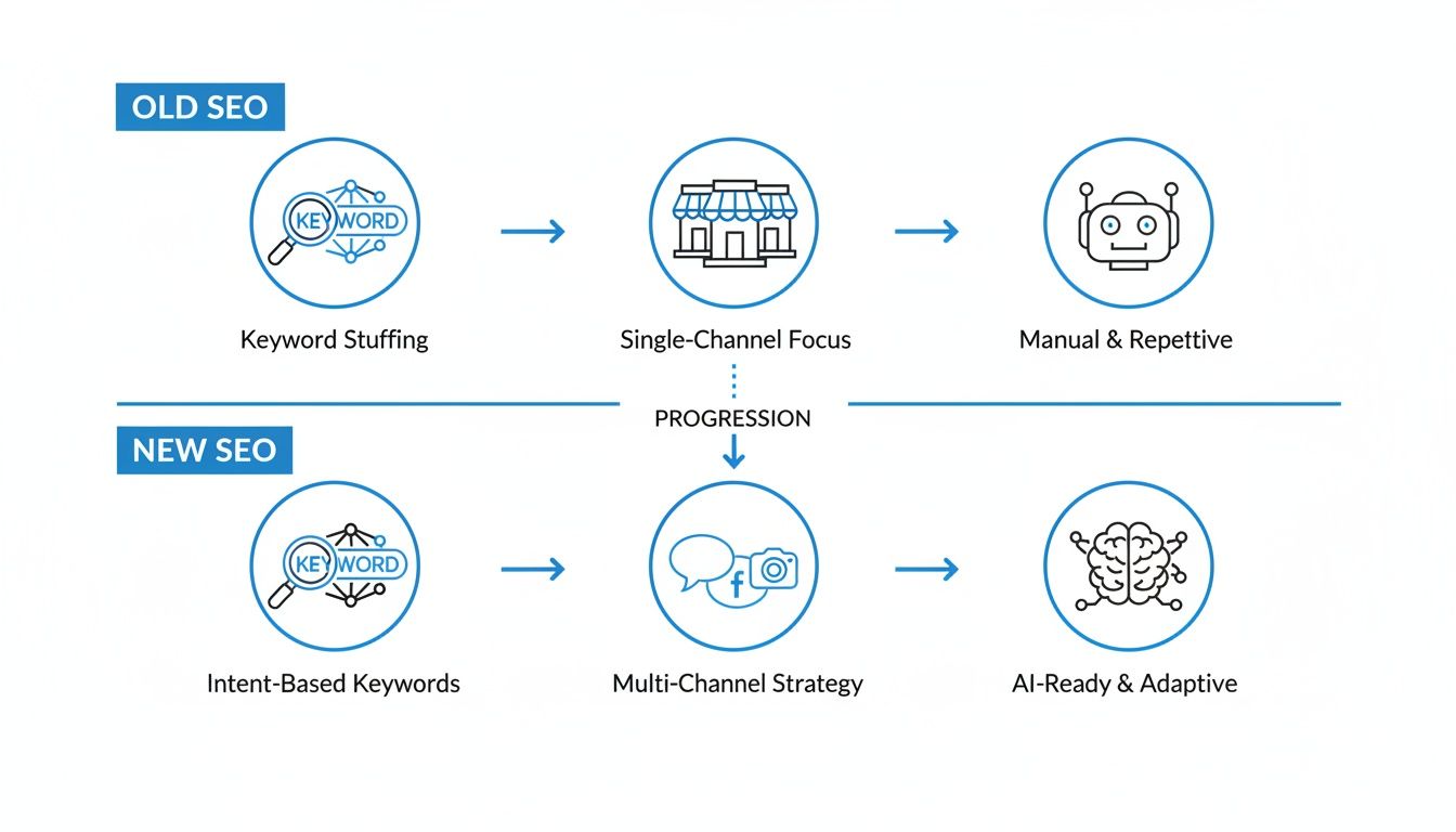 Infographic depicting the evolution of SEO from old practices like keyword stuffing to new, AI-ready, multi-channel strategies.