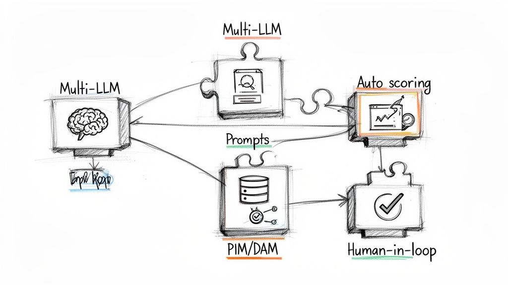 A detailed diagram illustrating a multi-LLM architecture, auto-scoring, PIM/DAM, and human-in-loop processes.