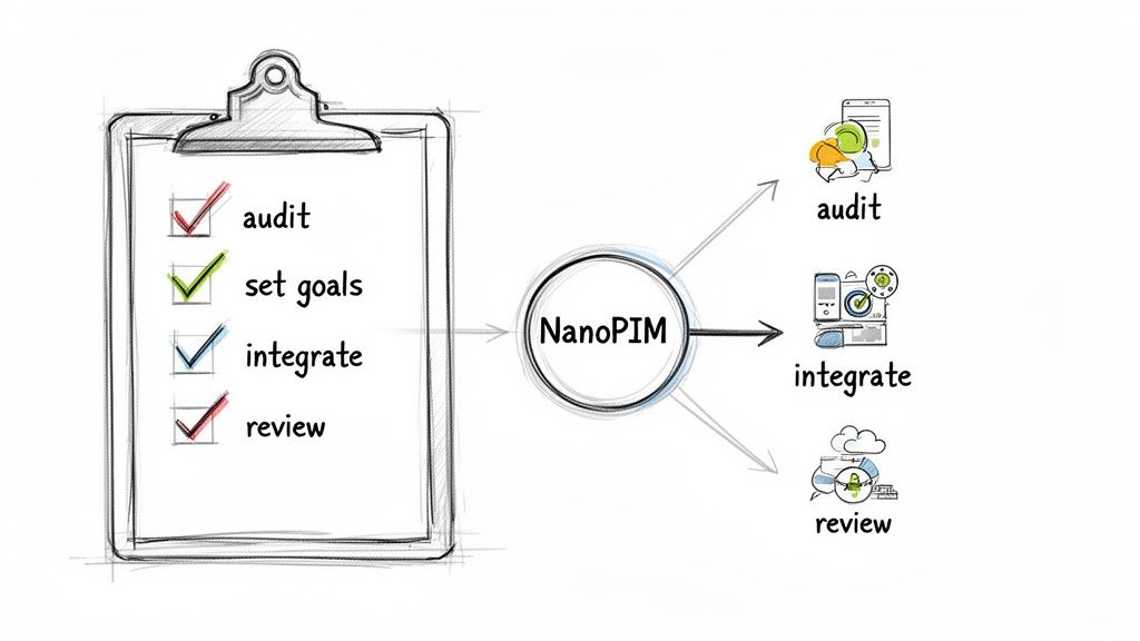 Diagram illustrating NanoPIM's role in streamlining business processes like audit, integration, and review from a checklist.