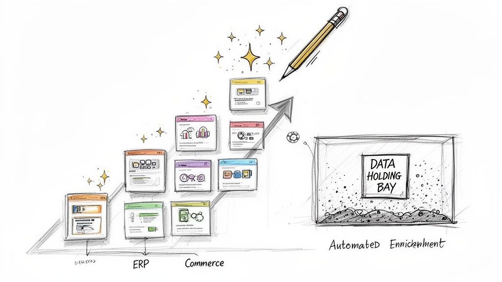 Illustration depicting data from ERP and Commerce systems being enriched and moved to a data holding bay.