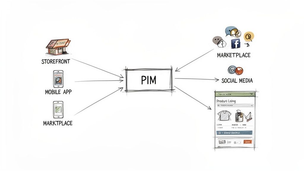 Diagram showing a PIM system centralizing product data from various input and output channels like storefronts and marketplaces.
