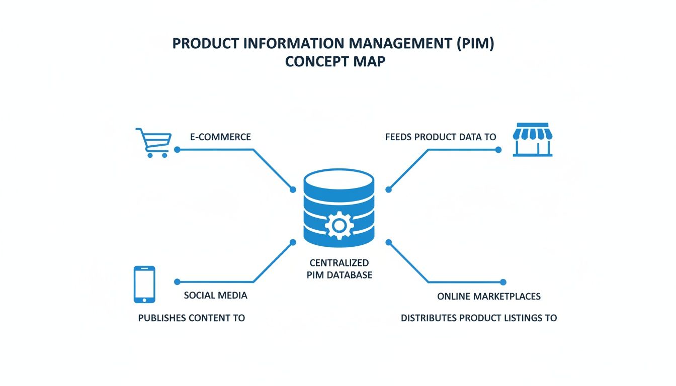 A concept map showing a centralized PIM database connected to e-commerce, social media, and online marketplaces.