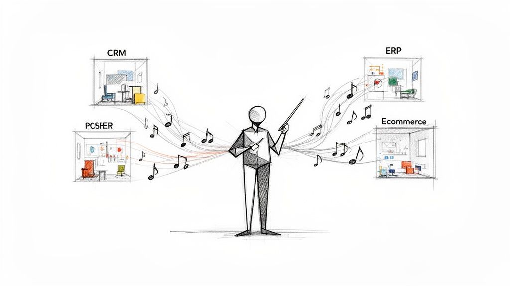 A sketch of a conductor orchestrating data flow between CRM, ERP, Ecommerce, and other business systems.