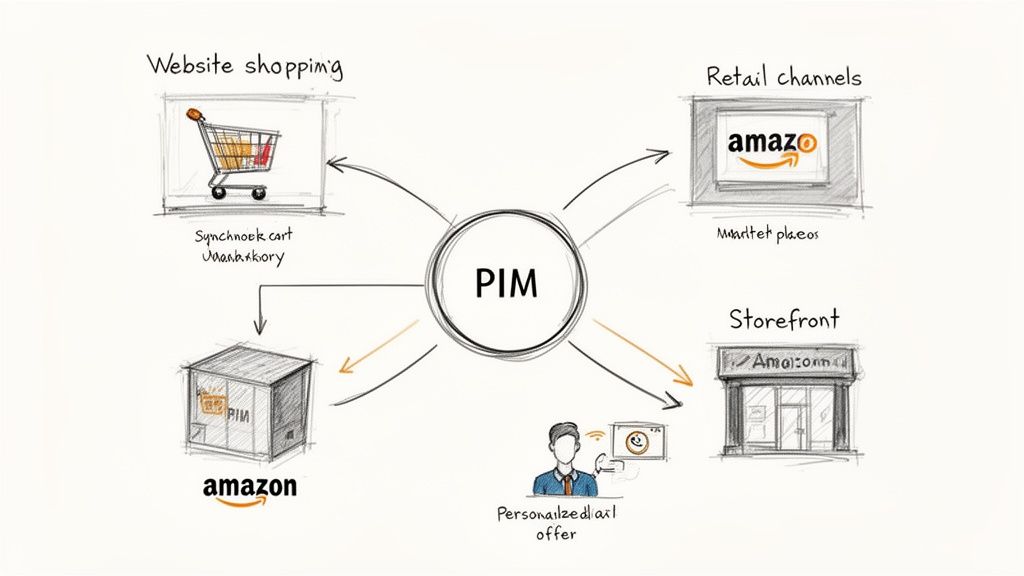 A diagram illustrates PIM integrating product information across website shopping, retail channels, storefronts, and personalized offers.